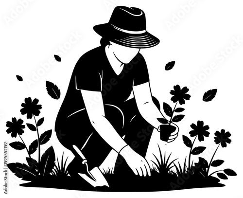 g a potted plant, black, floor, flower, garden, gardener, hoe, illustration, job, land, man, plant, profile, shovel, straw hat, sun hat, tool, watering can, weed, woman, against transparent background