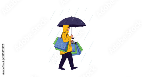 A person in a yellow raincoat and dark trousers walks through the rain while holding a black umbrella and multiple colorful shopping bags.