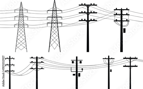 Black Silhouettes of Electricity Poles and Power Lines Against White Background pylon transmission