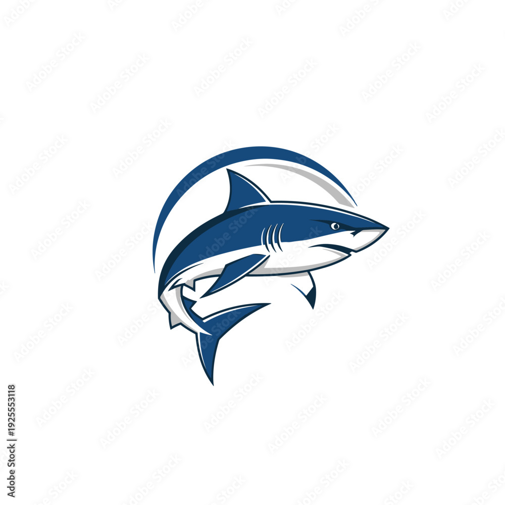 Fototapeta premium Aggressive blue shark graphic illustration with a curved background element