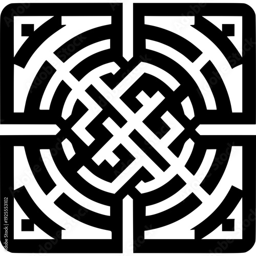 Geometric Labyrinth: An intricate labyrinth design in a bold, monochrome aesthetic, inviting viewers into a world of complex patterns and intellectual exploration.