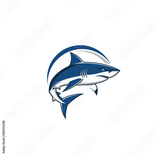 Aggressive blue shark graphic illustration with a curved background element
