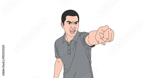A man with a buzz cut wearing a grey polo shirt points his finger directly forward with a furious and angry facial expression.