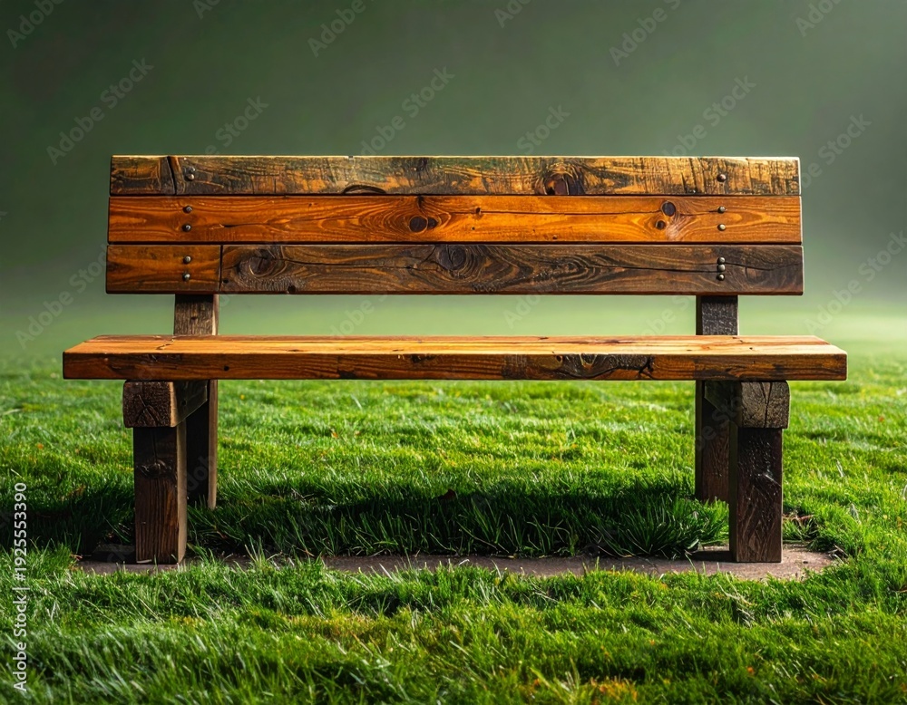 Fototapeta premium Weathered Wooden Bench on Green Grass Lawn with Soft Backlighting
