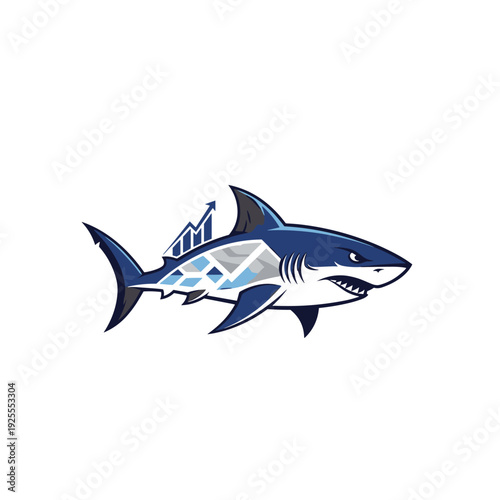 Aggressive blue shark with upward trend business graph illustration