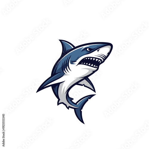 Aggressive cartoon great white shark mascot with open mouth and sharp teeth