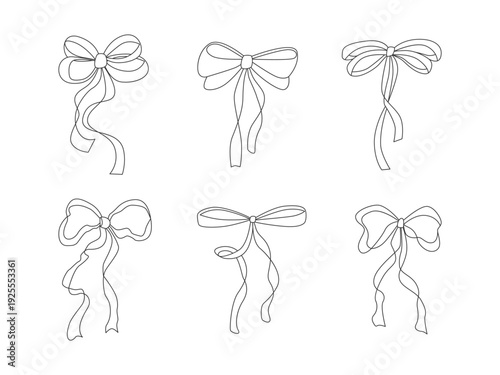 Elegant ribbon knot set. Coquette bow outline. Scrapbook line art element . Gift topper sketch. Ideal for invitations, tags, planners, holiday decor, package, DIY project, gift wrap, sticker, card