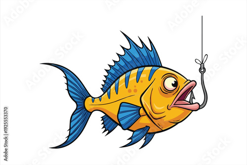 Surprised Yellow Fish on a Fishing Hook Illustration