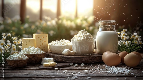 Dairy products, rustic setting, sunlit window, floral background, food photography