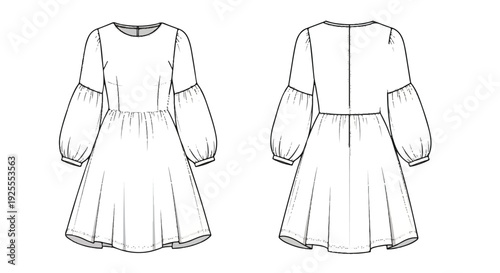 Vector Fashion Flat Sketch of Women's Dress with Puffy Sleeves, Front and Back isolated PNG with Transparent Background