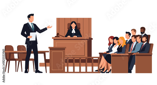Modern vector illustration of lawyer presenting case before judge and jury in courtroom, representing legal advocacy, justice process and professional courtroom litigation scene
