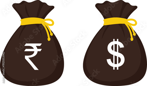 Set of 2 Money Bags with Indian Rupee and Dollar Symbols for Finance, Currency, and Economic Design Themes