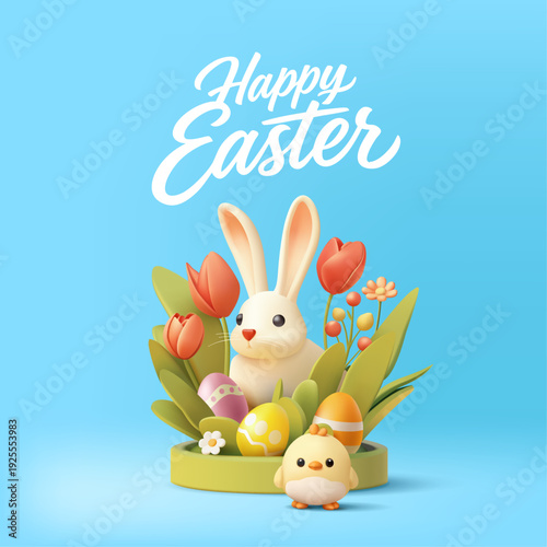 Happy Easter banner. 3D cute bunny in spring flowers, little chick, tulips. Poster, greeting, childhood. Vector illustration.