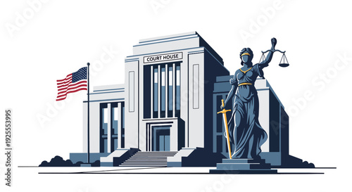 Modern vector illustration of courthouse facade with justice statue and national flag, symbolizing equality, fairness, civic responsibility and legal system authority