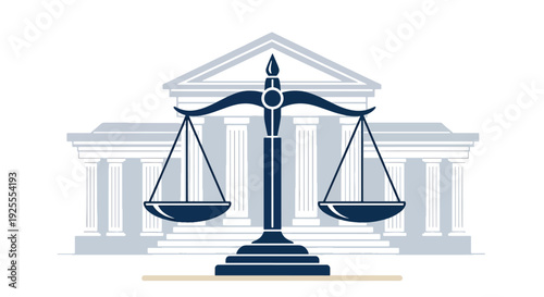 Modern vector illustration of scales of justice displayed before courthouse building, symbolizing equality, fairness, balance and legal system authority