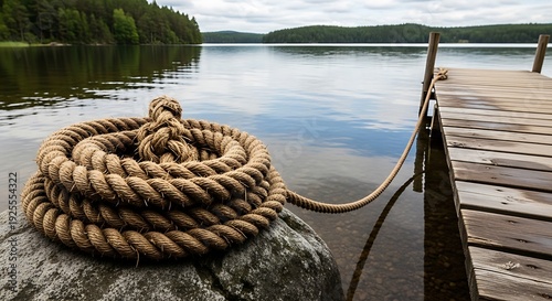 Coiled Rope on Rock by Lake with Wooden Dock and Forest Background