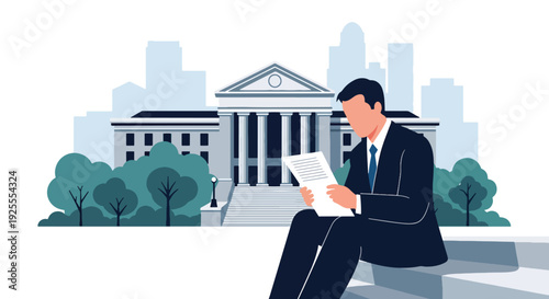 Modern vector illustration of lawyer reviewing legal documents on courthouse steps, representing case preparation, justice advocacy and professional courtroom readiness