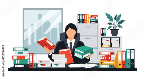 Modern vector illustration of legal clerk organizing case files and documents in courthouse office representing administration, documentation and justice system workflow