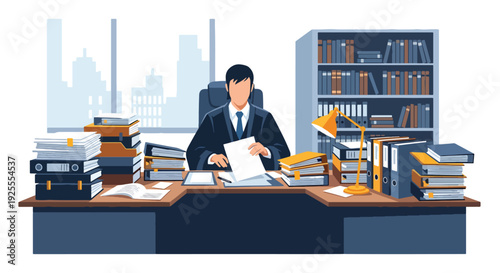 Modern vector illustration of legal clerk organizing case files and documents in courthouse office representing administration, documentation and justice system workflow