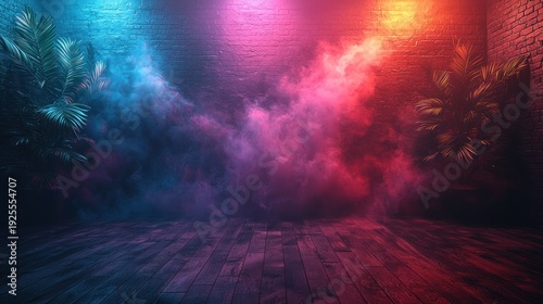 Smoky Brick Room, Neon Lights, Tropical Plants, Dance Party Background