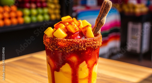 Colorful Mango Michelada with Chili Rim, Served on a Wooden Board, Featuring a Sweet and Savory Combination of Flavors Against Dark Blurred Background
