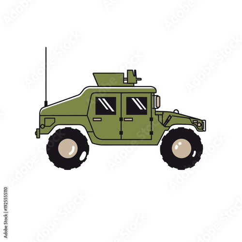 Green military Humvee vehicle with machine gun on top, side view, isolated on white background