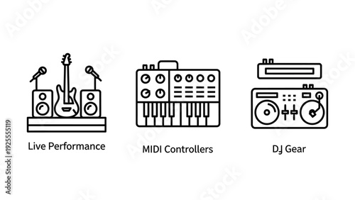 Outline icons for live performance with guitar and speakers, MIDI controllers, and DJ gear, representing music creation, performance, and entertainment technologies.