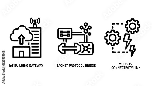 Outline icons representing IoT building gateway, BACnet protocol bridge, and Modbus connectivity link, showcasing smart building technology and network integration.