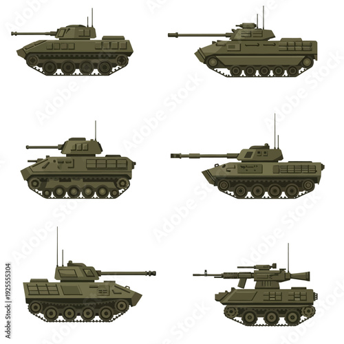 Collection of Six Military Tanks in Olive Green, Side View, Isolated on White Background