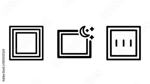 Set of three clean line art icons representing screen modes, night mode, and status indicators, perfect for UI design and web development.