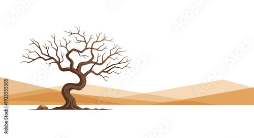 A minimalist vector illustration of a gnarled leafless tree standing in a desert landscape with layered tan sand dunes and white sky.