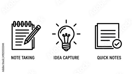 Icons representing productivity and ideation: note taking with a pencil on a notepad, idea capture with a lightbulb, and quick notes with a checklist.