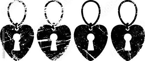 set of four grunge heart padlocks with keyholes, distressed texture, black silhouette design