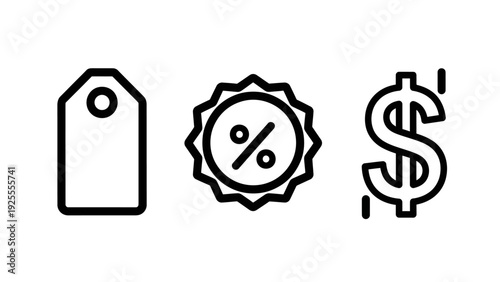 Icons symbolizing commerce: a price tag, a discount badge with percentage, and a dollar sign for sales and marketing concepts.