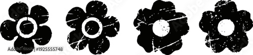four black vintage flower stamps with distressed texture on white background