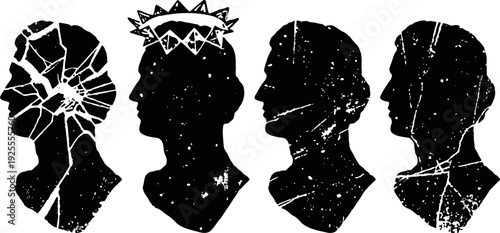 Four shattered human head silhouettes in profile with cracks and damage, symbolizing mental fragility and distress