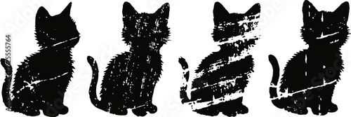 silhouettes of four sitting cats with textured distressed patterns isolated on white background