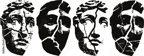 Ancient fragmented marble masks with cracked surfaces displayed in silhouette