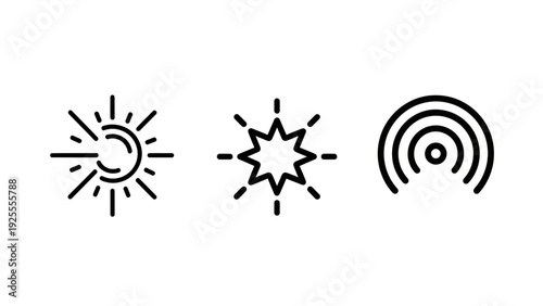 Abstract icons representing light rays, a burst or star, and radio waves or signal transmission, conveying concepts of energy, power, or communication.