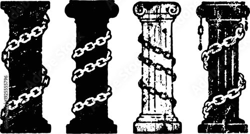 Four classical columns wrapped with chains in black and white silhouette illustration