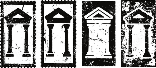 vintage rubber stamps with column and pediment architectural designs in distressed black ink