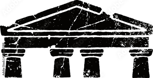 Ancient classical temple silhouette with columns and pediment, vintage distressed architecture icon