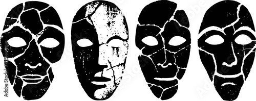 cracked and fragmental black and white human face masks in abstract art
