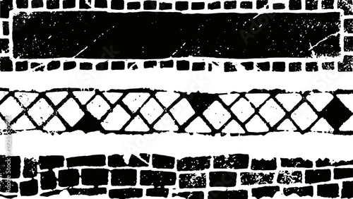 Grungy black tire tracks pattern three distressed horizontal marks on white background showing rugged texture and wear