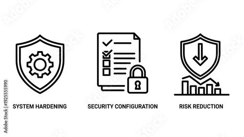 Security icons for system hardening with gear shield, security configuration checklist with lock, and risk reduction through decreasing graph.