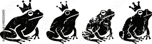 Four black crowned frogs in a row, simple silhouette design on white background