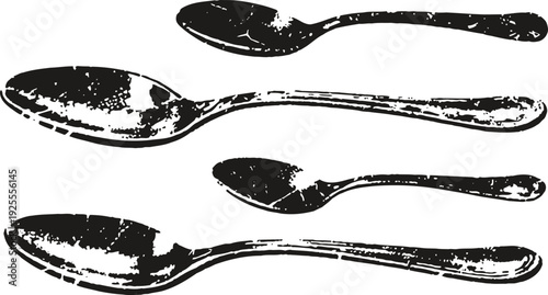 vintage illustration of four spoons with different sizes and shapes on a white background