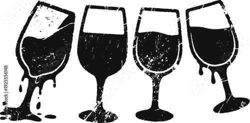 Four black wine glass silhouettes with textured rinse and tilted angles on white background