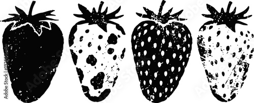black and white strawberry illustrations in various textures and dot patterns, fruit design elements