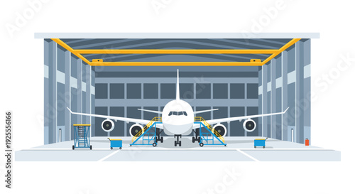 A vector illustration of a large white commercial airplane parked inside a grey industrial hangar with yellow overhead cranes and blue stairs.